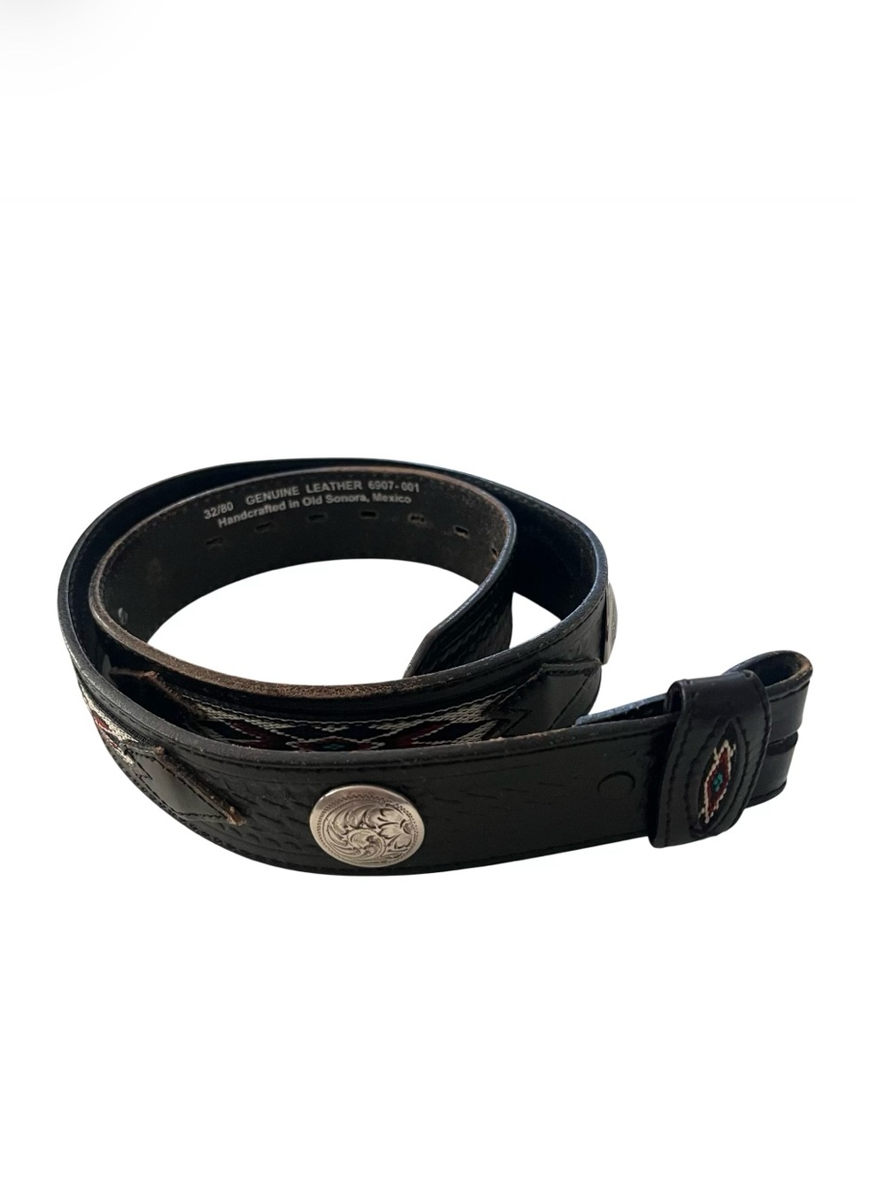 WRANGLER Black Leather Western Belt Southwestern Beaded Silver Conchos Size 32